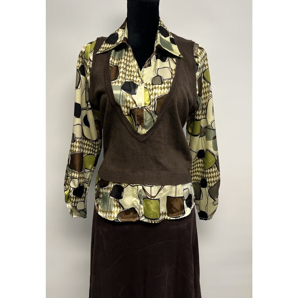 Y2K Retro 70s Style‎ Satin W/ Sweater Vest Chocolate Brown Groovy Abstract Large